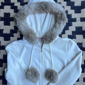 Juicy Couture White Fur-Trimmed Zip-Up Hoodie - Size Medium